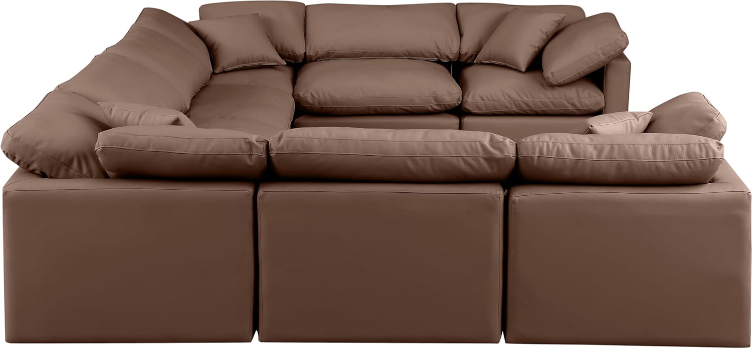 Meridian Furniture Indulge Collection Modern | Contemporary Sectional with Soft Durable Vegan Leather, Fiber-Filled Cushions, Modular, 140" W x 105" D x 32" H, Brown