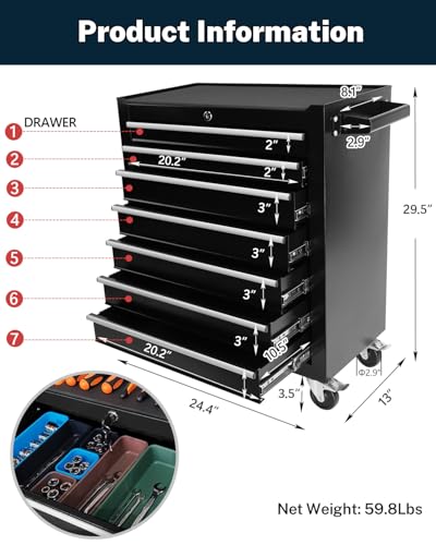 7-Drawer Rolling Tool Chest with Wheels, Heavy Duty Steel Tool Cart for Garage & Workshop, Lockable Storage Cabinet with Brake Casters & Ball Bearing Drawers, Black