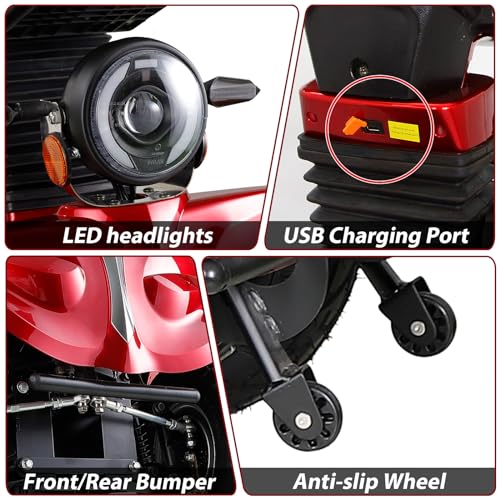 1000W Heavy Duty 4 Wheel Mobility Scooters 500lbs Weight Capacity, Powered Mobility Scooters for Seniors & Adult, 3 Speed Control Mobility with Adjustable Seat & Lazy Back, Red