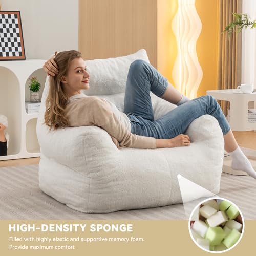 Bean Bag Chair for Adults, Giant Bean Bag Sofa Chair with Armrests, Teddy Plush Lazy Sofa Comfy Chair, Big Comfy Chair with Pocket, for Livingroom Bedroom Apartment (Ivory)