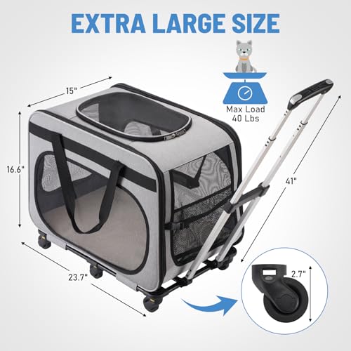 Extra Large Double Pet Carrier with Wheels for Small Dogs and All-Breed Cats, Cat Rolling Carrier for 2 Cats, Support up to 40 Lbs, Grey