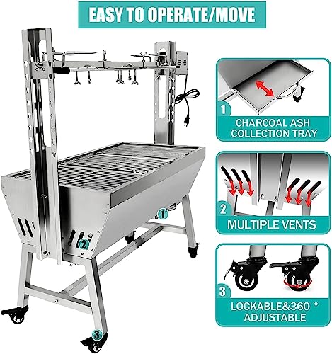 stainless steel rotisserie grill, 25w motor small pig lamb rotisserie roaster, 37'' 2 in 1 bbq charcoal rotisserie grill for camping outdoor kitchen (without baffle)