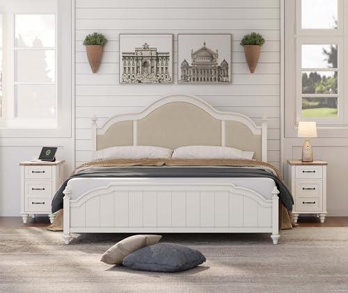 WAMPAT 2 Pack Modern End Table with Charging Station, Side Table with Storage Cabinet for Living Room, Nightstand with Drawer for Bedroom, White/Oak