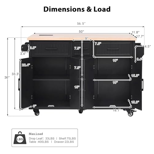 56.5" Rolling Kitchen Island with Storage on Wheels, Kitchen Cart with Drop Leaf & Power Outlet, Portable Island Table with 4 Doors, 5 Drawers, Spice Rack and Towel Bar for Dinning Room, Black