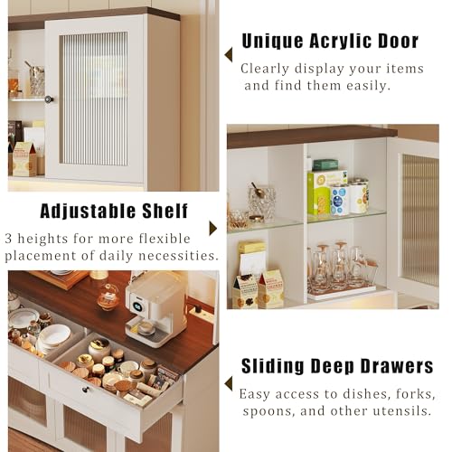 71" Kitchen Pantry Cabinet with Lights & Acrylic Doors, Pantry Storage Cabinet with Microwave Stand, Kitchen Hutch Food Cabinets with Charging Station, Adjustable Shelves, White