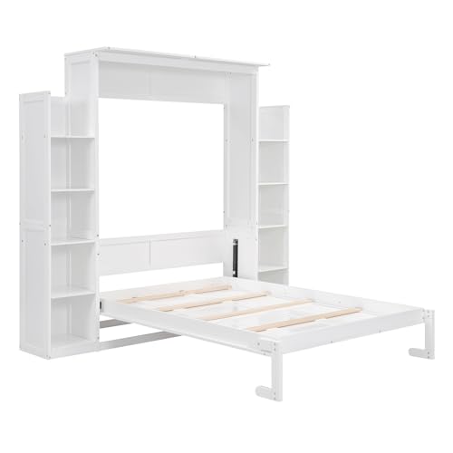 Full Size Murphy Bed Wall Bed with Shelves and Led Lights, Easy Fold Wood Wall Bed, Space-Saving Murphy Bed Cabinet for Guest Room Home Office, White