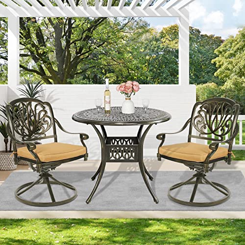 MEETWARM 3-Piece Outdoor Patio Dining Set, All-Weather Cast Aluminum Patio Conversation Set for Backyard Garden Deck with 2 Cushions Swivel Rocker Chairs and 31" Round Table, 2.2" Umbrella Hole