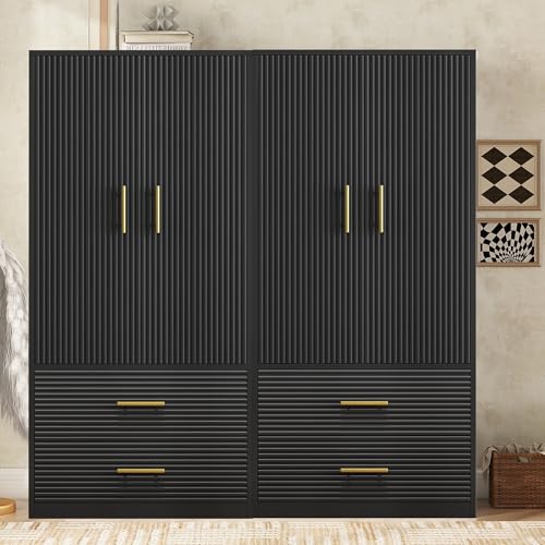 Armoire Armoire Wardrobe Closet with 2 Wave Doors, Storage Closet Cabinet with 2 Drawers, Hanging Rod, Freestanding Wooden Closet for Bedroom(White)