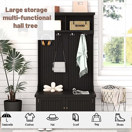 Hall Tree With Storage Shoe Bench Multi-Functional Coat Racks With Hooks For Living Room Entryway Hallway black