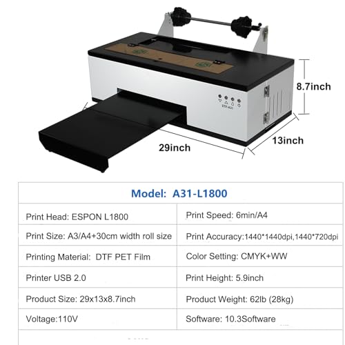 DTF Printer Machine - with XP600 Printhead, Faster Speed Higher Resolution 5760 * 1440dpi, T Shirt Printer DTF Transfer Machine with Roll Feeder, White Ink Mixing System (L8050)