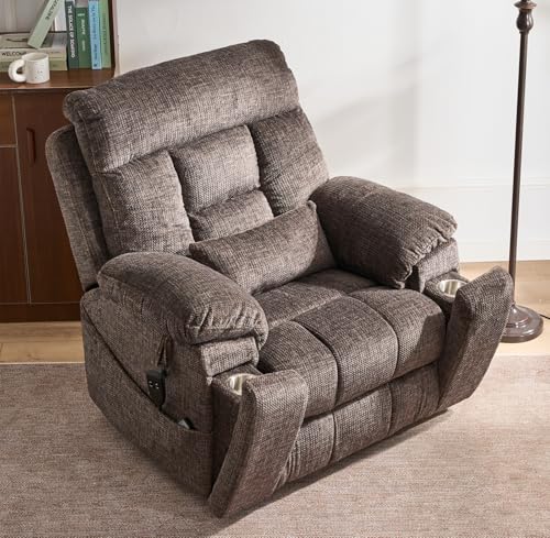 Light Grey Recliner Chair for Elderly | Tall and Big Man 400lbs | Chenille | Power Lift, Lay Flat, Stand Up, Wireless Charging Device, Extended Footrest, Massage Heat, Cup Holder, Lumbar Pillow