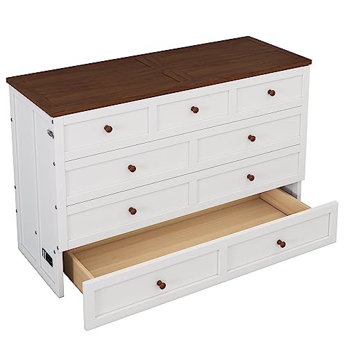 Full Murphy Bed, Full Murphy Cabinet Bed with Storage Drawers, Murphy Bed with Charging Station, Wood Murphy Bed Cabinet Bed, Murphy Bed Chest Murphy Bed Frame Wall Bed for Guest Bedroom, White+Walnut
