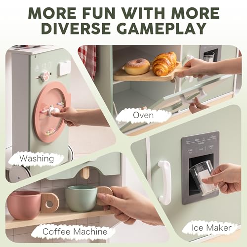 ROBUD Play Kitchen Set, Wooden Play Kitchen with Ice Maker, Fridge, Coffee Machine, Oven, Dishwasher, Microwave, Kitchen Accessories, Toy Kitchen Gift for Boys Girls, 3+