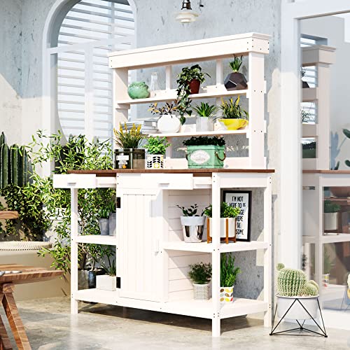 Outdoor Wooden Potting Bench Table – Farmhouse Garden Workstation with Drawers, Cabinet & Storage Shelves, Large Fir Wood Work Table for Patio, Backyard, Mudroom, Greenhouse (Light Brown, 66''H)