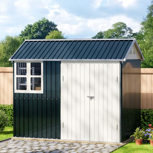 10X12X7.5 FT Outdoor Steel Storage Shed with Lockable Doors, 2 Windows, Transparent Roof Panels (Wood Panels & Frame Floor Not Included), Ideal for Patio Storage,Garbage Can, Chicken Coop，Brown