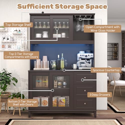 Giantex 73" Kitchen Pantry Storage Cabinet, Hutch Cabinet with LED Lights & Power Outlet, Kitchen Buffet Cabinet w/Wine Glass Racks, Countertop, Adjustable Shelves, Drawers for Dining Room (Espresso)