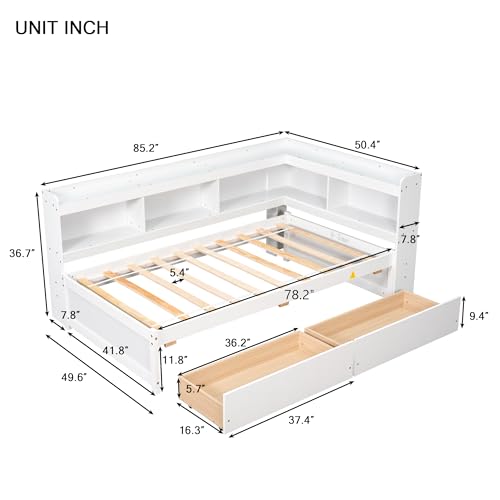 Full Size Platform Bed with Two Storage Drawers and L-Shaped Bookcase, Wooden Captain Bed Frame with Bookcase Headboard, Corner Bed Frame for Bedroom, No Box Spring Needed (Grey)