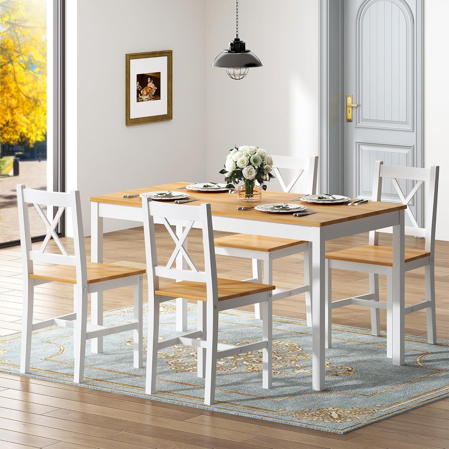 sogesfurniture 47.2" 4-Person Dining Table Set, 5 Pieces Pine Wood Kitchen Table with 4 Chairs,Indoor Modern Rectangular Dining Table Furniture Set for Kitchen, Dining Room, Dinette, Breakfast Nook