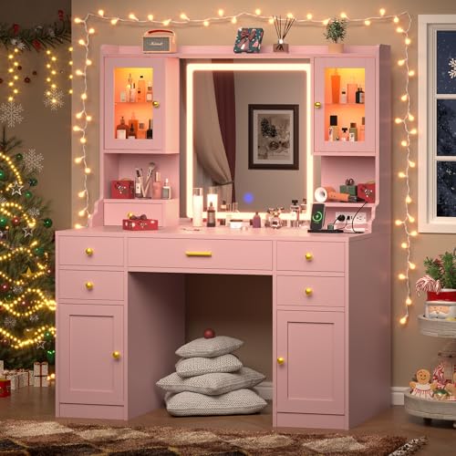 White Makeup Vanity Desk with Mirror and Lights, Large Vanity Table Set with Charging Station, Dressing Table with RGB Cabinets, Makeup Vanity Mirror with Lights Desk and Drawers, 3 LED Lights Modes