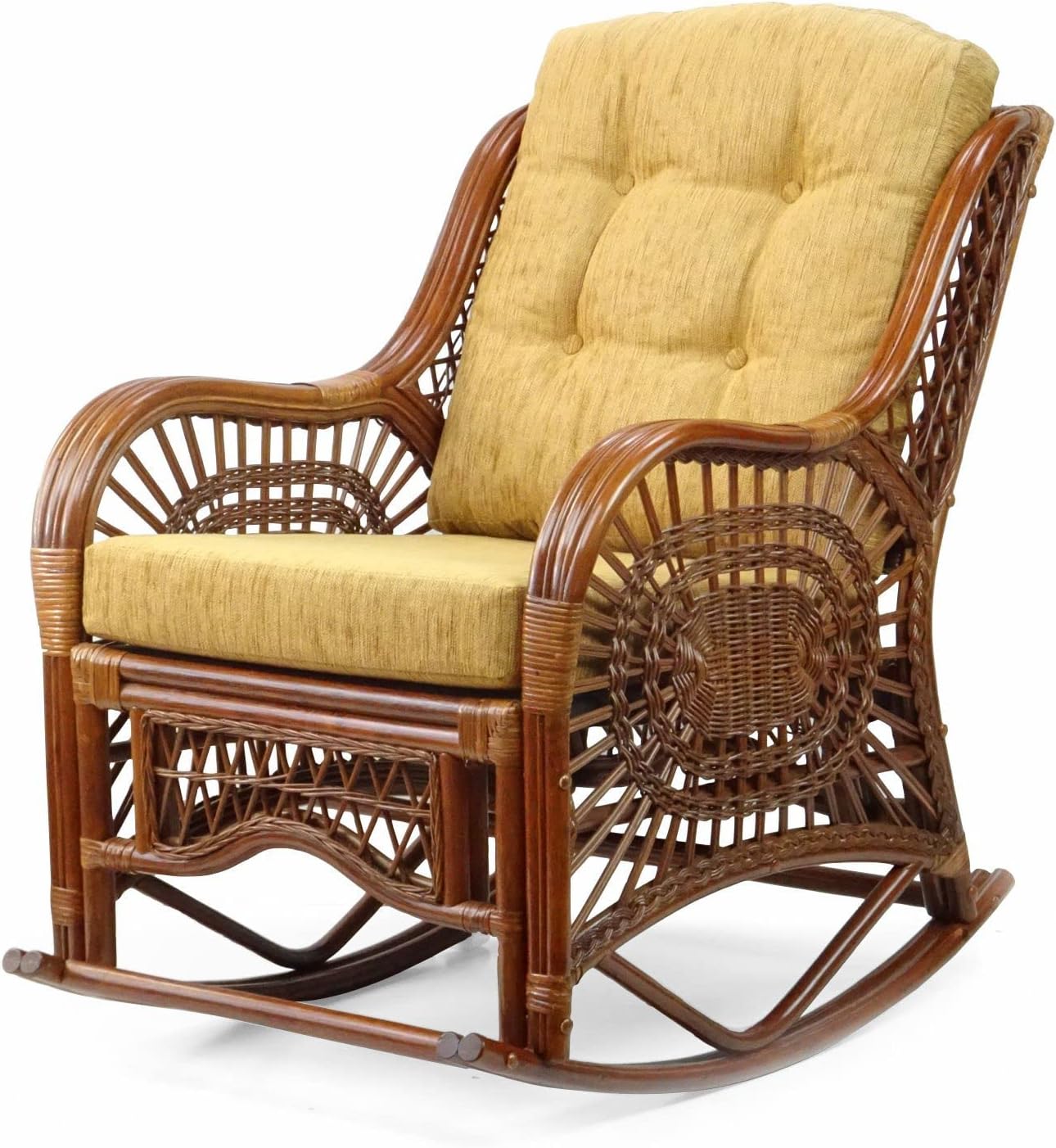 Wickerix Malibu Handmade Natural Rattan Living Room Set of 2 Rocking Lounge Chairs with Light Brown Cushions and Round Coffee Table with glass Colonial (Light Brown Color)