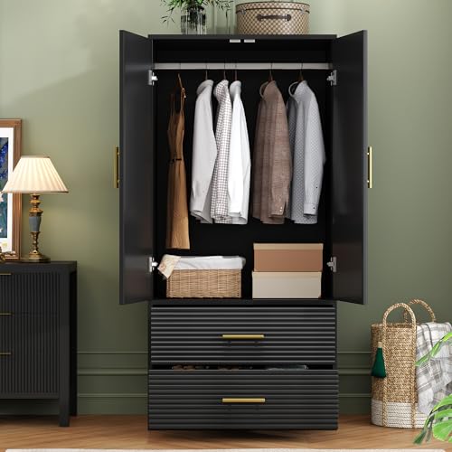 Armoire Armoire Wardrobe Closet with 2 Wave Doors, Storage Closet Cabinet with 2 Drawers, Hanging Rod, Freestanding Wooden Closet for Bedroom(White)