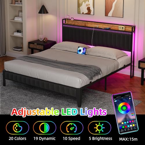 IDEALHOUSE Queen Bed Frame with Charging Station, LED Bed Frame with Storage Headboard, Upholstered Platform Bed Frame, No Box Spring Needed, Easy Assembly, Black