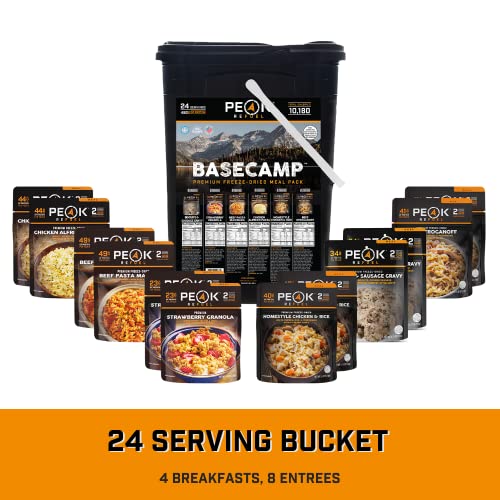 Peak Refuel Basecamp Bucket 3.0 | 480g Protein | 10180 Calories | 100% Real Meat | Premium Freeze Dried Backpacking & Camping Food | 24 Servings | Ideal MRE Survival Meal (3 Pack Bucket)