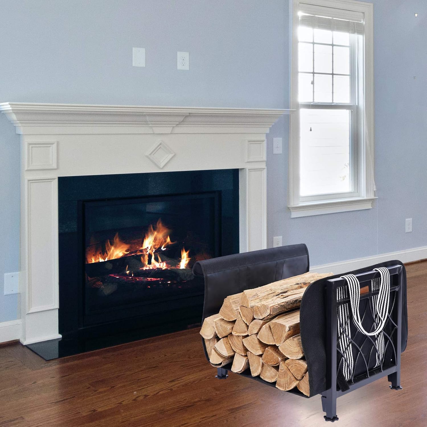 MYFIREPLACEDIRECT Firewood Rack with Log Bag 19 Inch Fireplace Log Holder Indoor Indoor/Outdoor Wood Storage Log Rack Decorative Heavy Duty Steel Firewood Carrier Stove Stacking Rack…