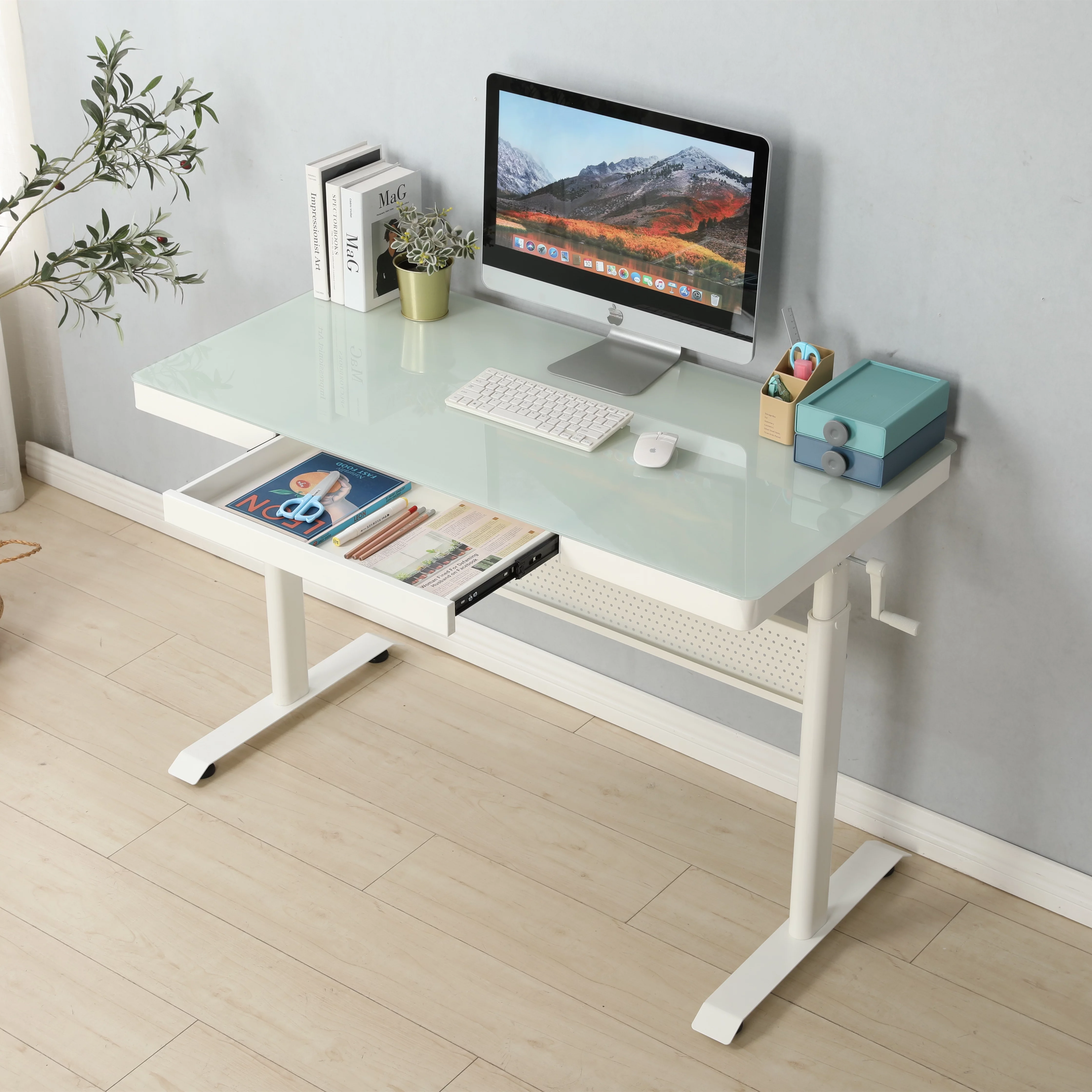Tempered Glass Standing Desk with Metal Drawer 48 x 24 Inches , Adjustable Height Stand up Desk, Sit Stand Home Office Desk, Ergonomic Workstation