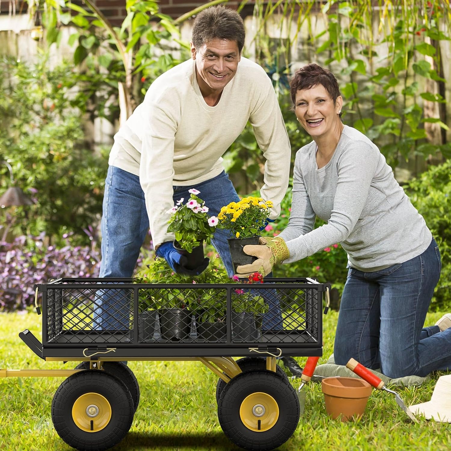 Garden Cart, Heavy Duty 900 Lbs Capacity Mesh Steel Garden Dump Cart, Folding Garden Wagon with Removable Mesh Sides, Utility Metal Wagon with 180° Rotating Handle and 10-inch Wheels