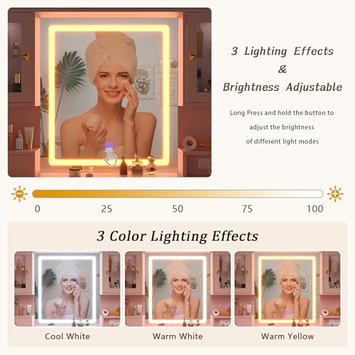 White Makeup Vanity Desk with Mirror and Lights, Large Vanity Table Set with Charging Station, Dressing Table with RGB Cabinets, Makeup Vanity Mirror with Lights Desk and Drawers, 3 LED Lights Modes