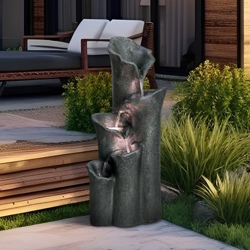 SKYFIRE 28.7”H Garden Fountain Indoor Outdoor Clearance with LED Lights&Pump – 5-Tier Cylindrical Cascading Floor Standing Outdoor Fountains, Pool Fountain for Garden,Patio,House, Office, Home Decor