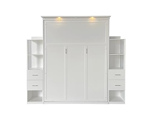 Queen Size Murphy Bed Wall Bed with 2 Side Cabinet Storage Shelf & Desk Combo,68-inch Vertical Wall Bedframe w/Can Be Folded for Bedroom Guest Room Small Space, White