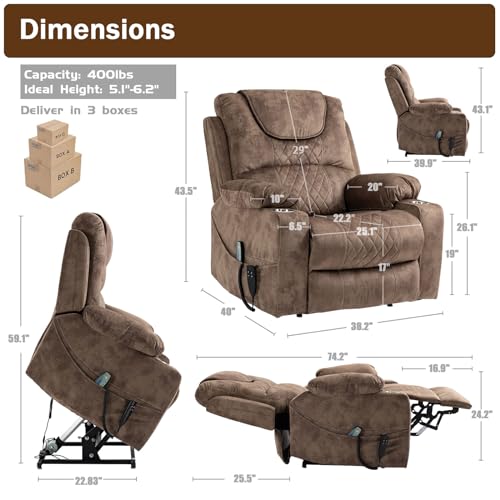 Large Dual Motor Power Lift Chair Lay Flat Recliner Chairs with Massage Heat for Adults Infinite Position Up to 400 LBS Recliners with 2 Hidden Cup Holders