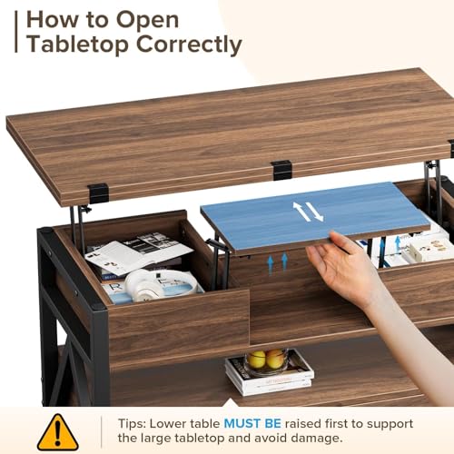 40" Lift Top Coffee Table,4 in 1 Multi-Function Lift Coffee Tables with Storage Drawers and Hidden Compartmen,Farmhouse Coffee Table with Lifting top for Living Room,Black