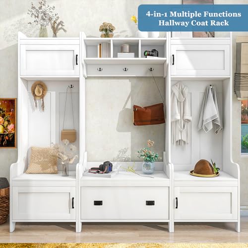 Hall Tree with Bench and Shoe Storage, White Entryway Bench with 7 Coat Rack, 4 Cabinet, 1 Drawer and Open Shelves, Large Mudroom Bench with Shoe Storage and Hooks for Hallway, Entry Way
