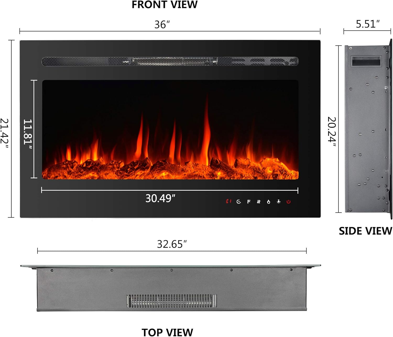 36 Inch Electric Fireplace Inserts, Wall Mounted Fireplace, Recessed Electric Fireplace, Led Fireplace, Linear Fireplace, 750/1500W