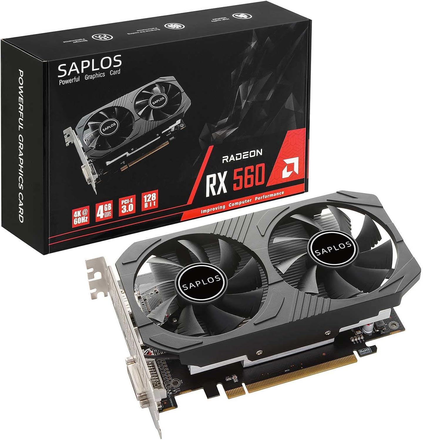 SAPLOS Radeon RX 560 Graphics Card, 4GB, GDDR5, 128 Bit, DisplayPort/HDMI/DVI-D, GPU, Computer Video Cards for Gaming PC, Dual Fans, PCI Express x 8