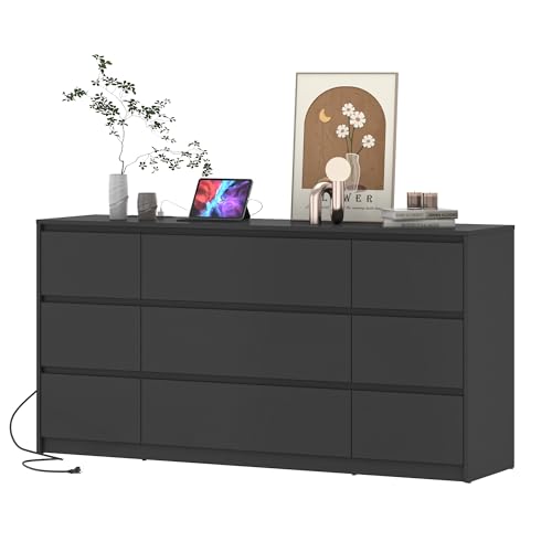 White Dresser for Bedroom, Modern 9 Drawer Dresser with Charging Station, 63 Inch Large Wood Chest of Drawers Handle Free, Long Dresser for Bedroom, Living Room, Entryway, Hallway