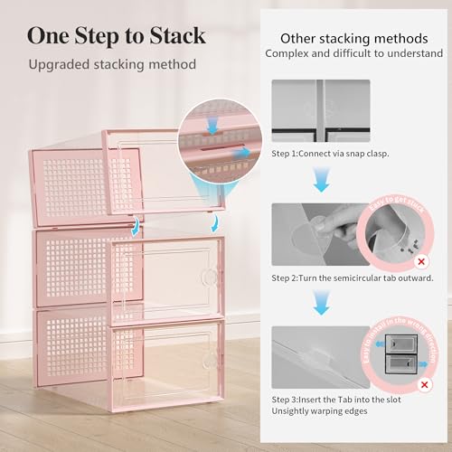 Kuject X-Large Shoe Storage Boxes Organizers Clear Plastic Stackable 12 Pack, Shoe Rack & Holder Substitute, Sneaker Containers, Toy Storage Organizer Bins for Entryway, Closet, Under Bed, Black