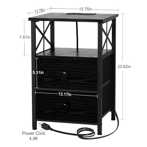 AMHANCIBLE Night Stand Set 2, Nightstand with Charging Station, End Tables Living Room with USB Ports and Outlets, Bedside Tables with Fabric Drawers for Bedroom, Dark Grey HET05XDG