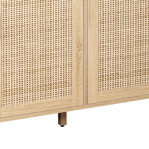 Sideboard Buffet Cabinet with Storage, Storage Cabinet with 4 Rattan Doors, Accent Cabinet with Iron Framework Feet, Sideboard Wooden Console Cabinets for Living Room, Kitchen (Natural)