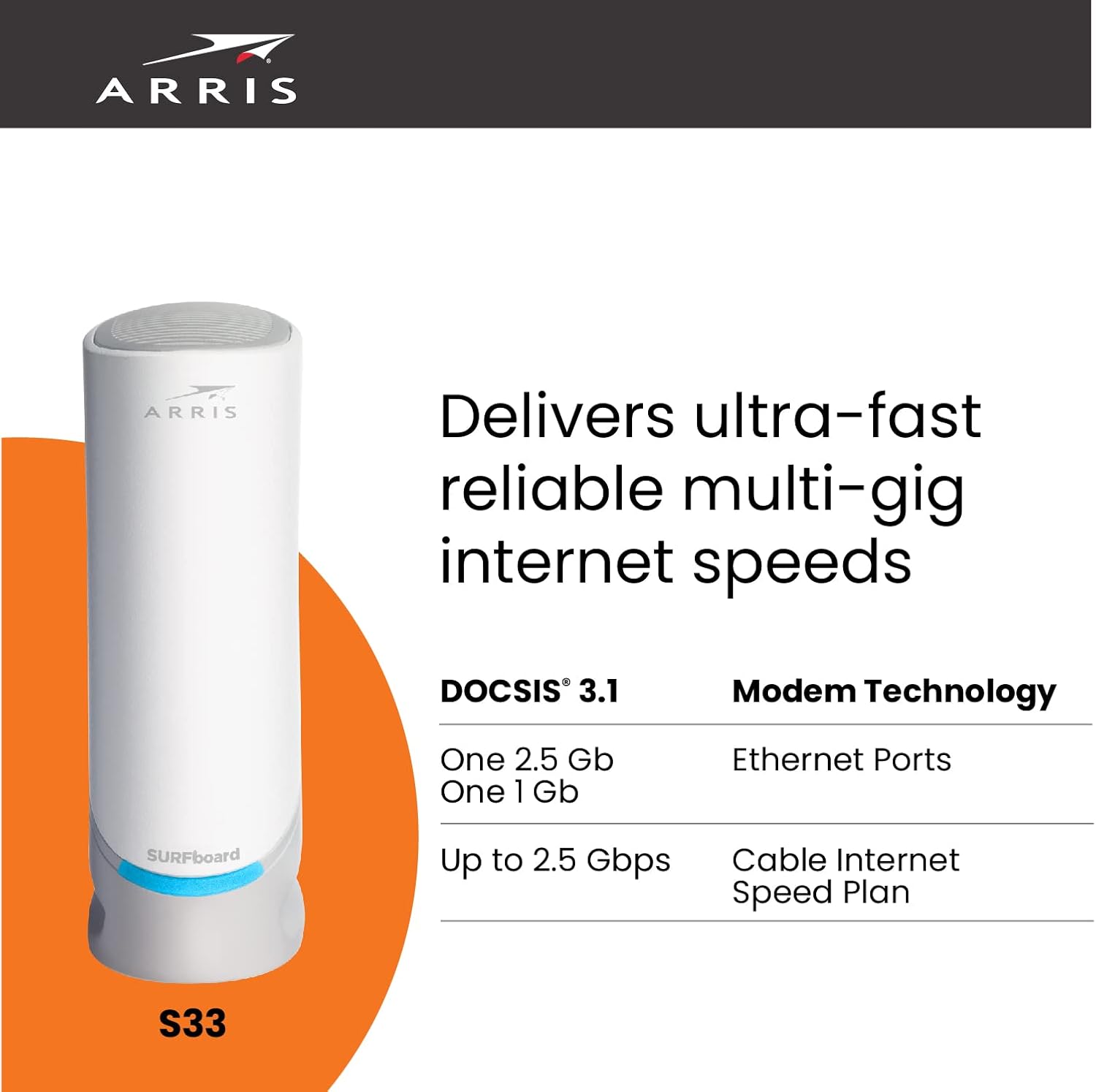 ARRIS S33 DOCSIS 3.1 White Cable Modem | 2.5 Gbps Max Internet Speeds | 2.5 & 1 Gbps Ports | 4 OFDM Channels | Compatible with Xfinity, Cox, Spectrum & More