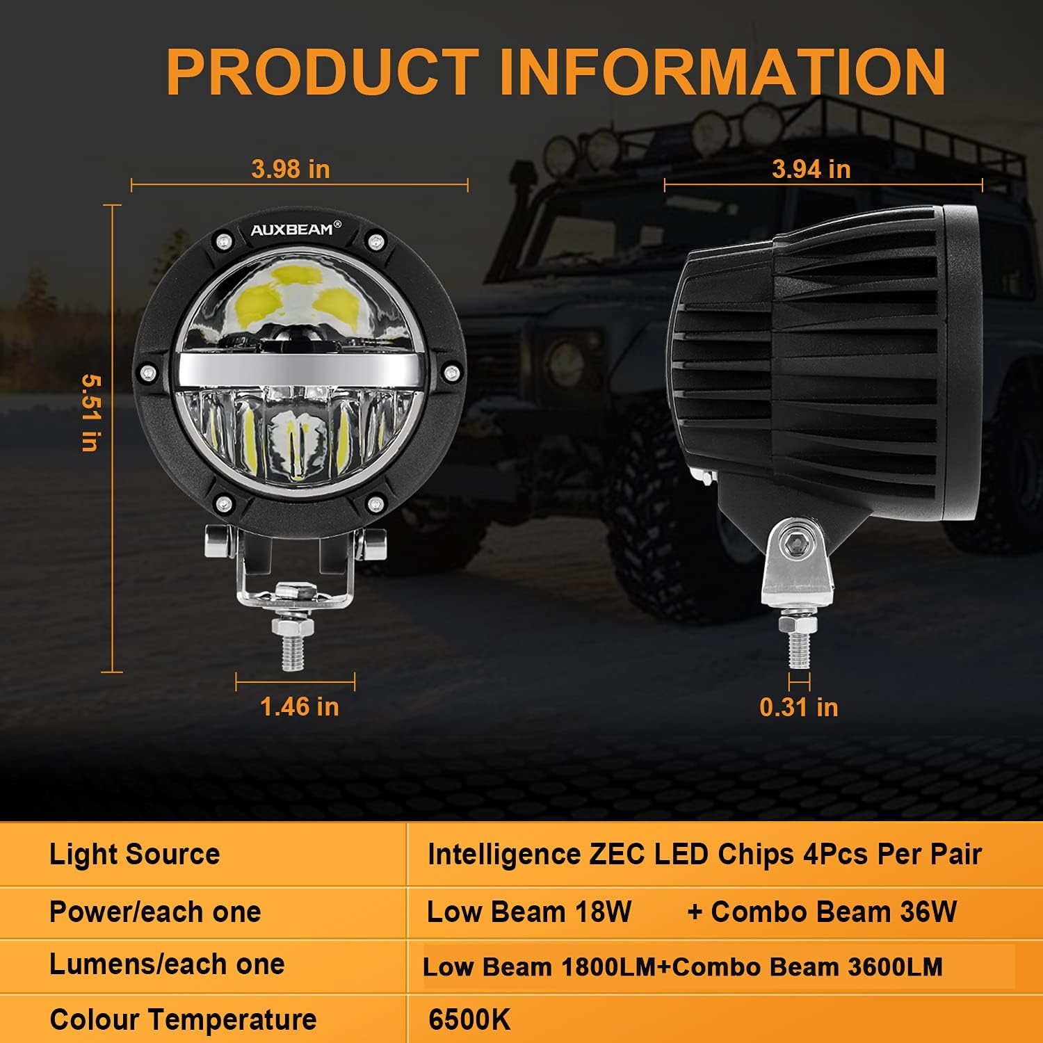 Auxbeam 4 Inch Round Offroad Lights, 2PCS Driving LED Light Pods with Hi/Lo/Combo Beam 72W 7200LM Work Fog Light for Truck Pickup SUV ATV UTV 4x4 Jeep(White Beam)