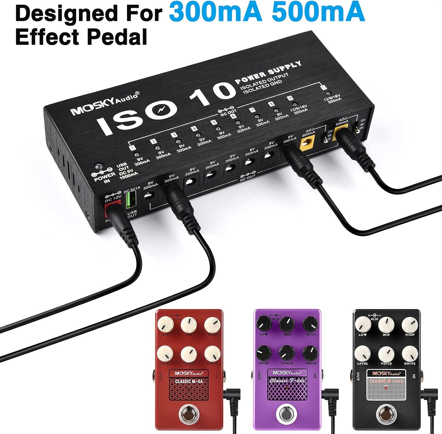 CAMOLA Mosky Guitar Pedal Power Supply 10 Isolated DC Output 9V 12V 18V 300mA 500mA Guitar Effects Pedal Board Power Supply with Short Circuit/Overcurrent Protection, 5V/1A USB Port