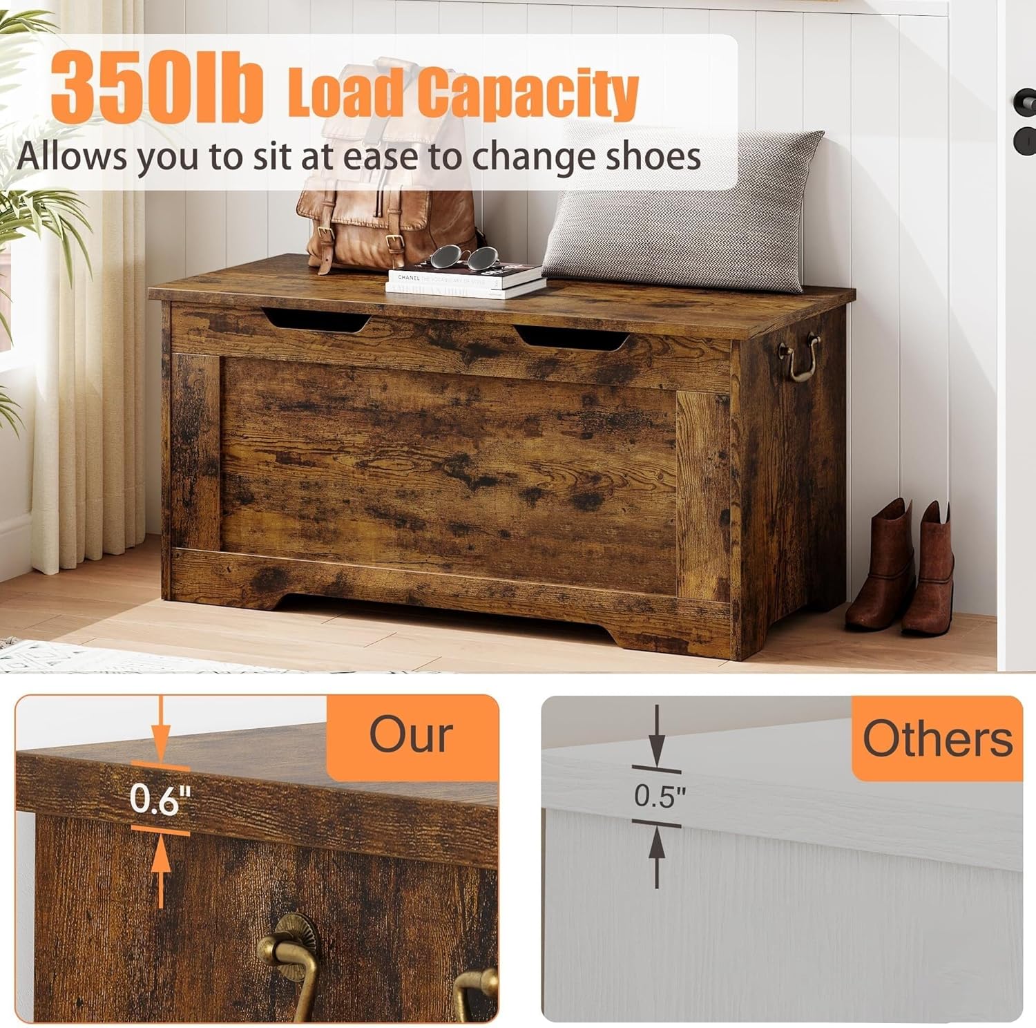 Storage Chest 39.4" Bench Wooden Trunk Brown Solid Wood Finish