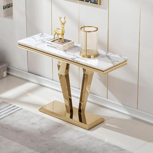 4 Piece Living Room Table Set, Faux Marble Coffee Table, Gold Console Table and 2 Gold End Tables, Rectangular Luxury Gold Coffee Table Set of 4 with Stainless Steel Diamond-Shaped Base