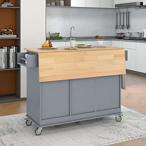 LUMISOL Kitchen Island on Wheels with Storage, Large Kitchen Island Cart with Drop Leaf, 52.7 Inch, Grey Blue