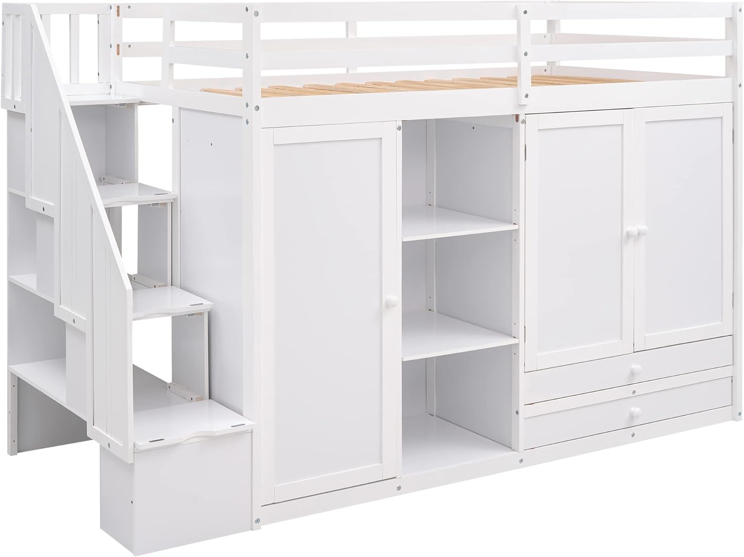 Functional Twin Loft Bed with 3 Shelves, Two Wardrobes and 2-Tier Large Drawers, Space-Saving Loftbed with Storage Ladder & Full-Guardrails for Kids Teens Adults, No Box Spring Needed, White