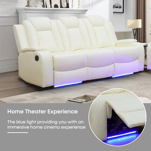 Leather Recliner Sofa Set with LED Lights,Power Reclining Sofa with USB Port/Wireless Charger/Storage Console/Cup Holder for Living Room/House/Home Theater(3 Piece Set,Black)